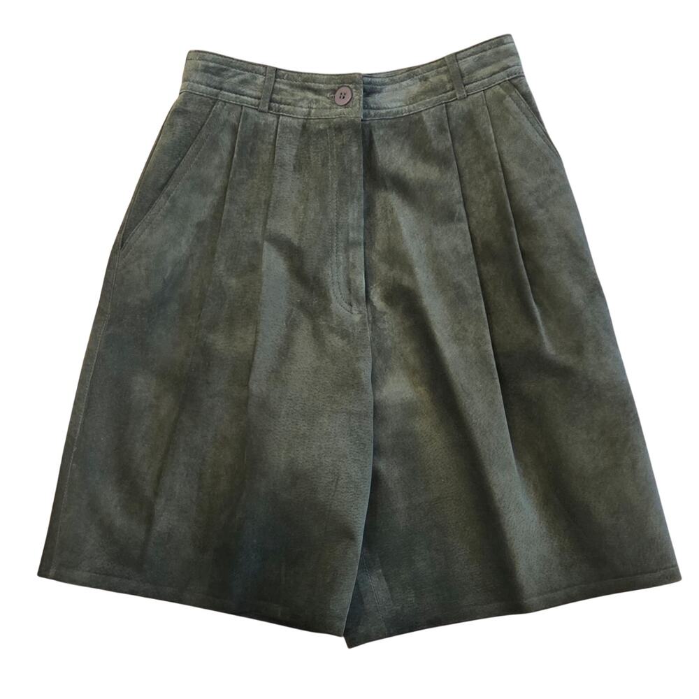 Talbots Forest Green Suede Leather Shorts Size 8 High Rise Pleated USA Made - Picture 2 of 9